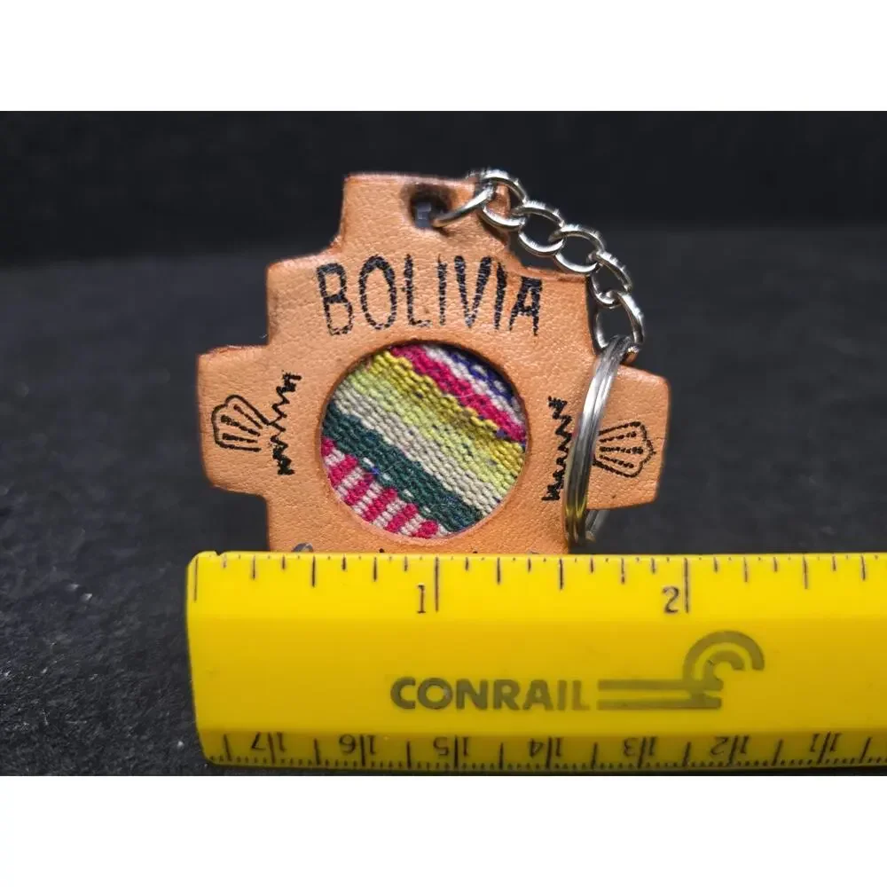 Vintage Bolivia Souvenir Keychain Leather and Fabric Dancers